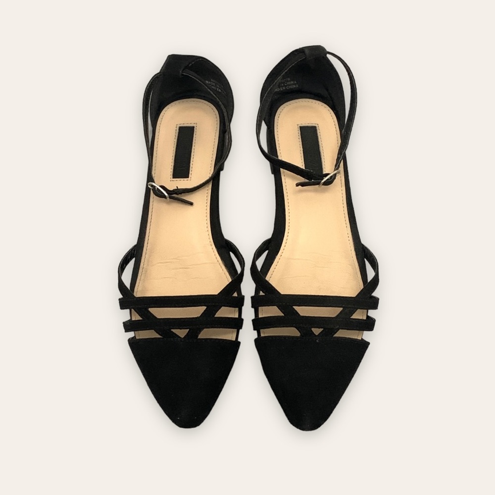 Chic Modern Strappy Cut Out Suede Flats Pointed Toe Shoe in Black (US/CA 5.5)